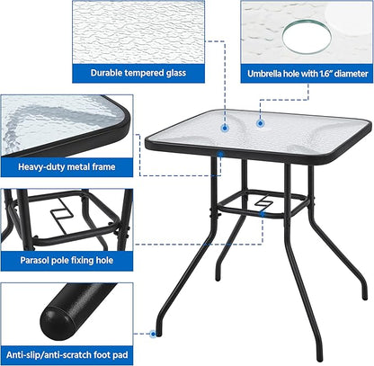 Yaheetech 28in Patio Bistro Table, Square Dining Table w/Umbrella Hole and Tempered Glass Top for Balcony Backyard Lawn and Garden, Black