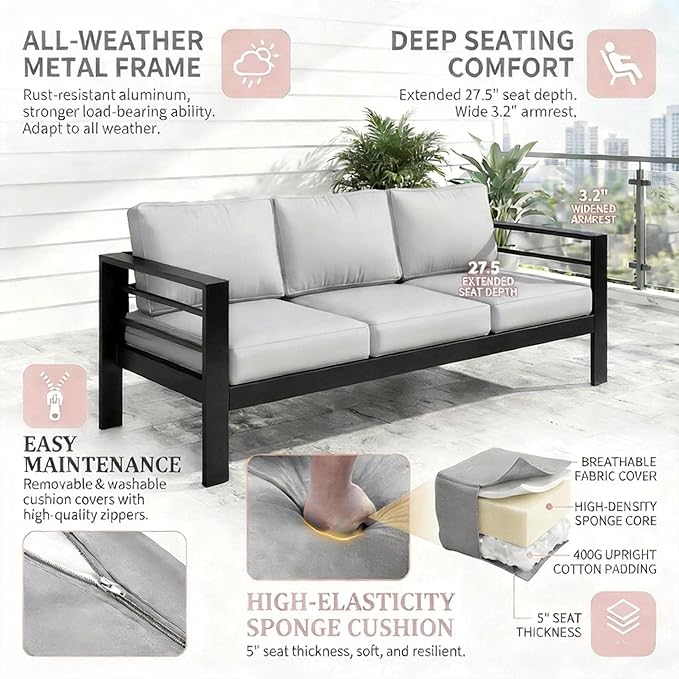 Kiss the Water Outdoor Couch Aluminum Patio Furniture Sofa - Photo 8