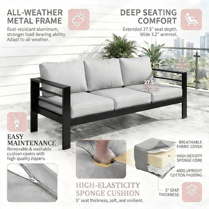 Kiss the Water Outdoor Couch Aluminum Patio Furniture Sofa, 3 Seat All-Weather Metal Patio Couch with 5" Thick and Soft Cushion and Wide Arm, Outdoor Sofa for Balcony, Porch