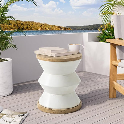 SUNBURY White Outdoor Side Table Set of 2, 14" W Concrete Side Table, Round Accent Marble End Drum Table, Garden Stool Plant Stand, Lounge, Yard