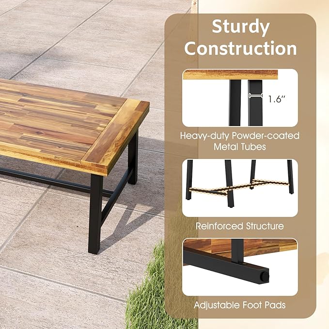 Tangkula Outdoor Acacia Wood Coffee Table, Rectangle Rustic Accent Table with Thickened Top & Heavy-Duty Metal Legs - Photo 7