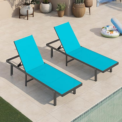 Aluminum Outdoor Lounge Chairs Set of 2, Pool Lounge Chairs with Wheels and 5-Position Recliner -Easy to Move- Patio Chaise Lounge Outdoor for Poolside, Deck, Beach (Lakeblue)