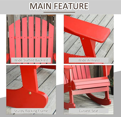 Outsunny Wooden Adirondack Rocking Chair Outdoor Lounge Chair Fire Pit Seating with Slatted Wooden Design, Fanned Back, & Classic Rustic Style for Patio, Backyard, Garden, Lawn, Red
