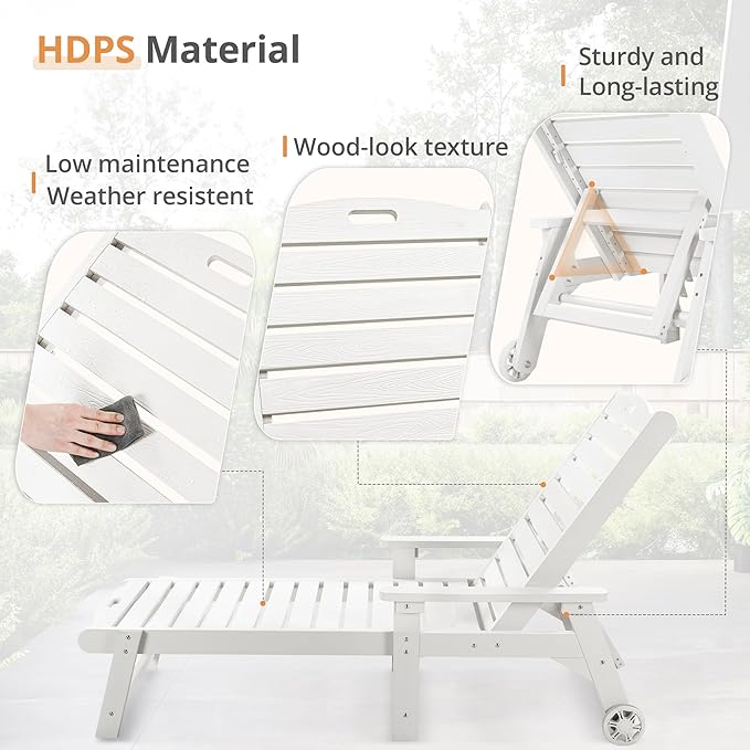 LUE BONA HDPS Chaise Lounge Chairs Set with Table, 3-Piece, Outdoor Pool Lounge Chair with Adjustable Backrest, Resin Patio Lounge Chairs with Wheels for Outside, Poolside, White
