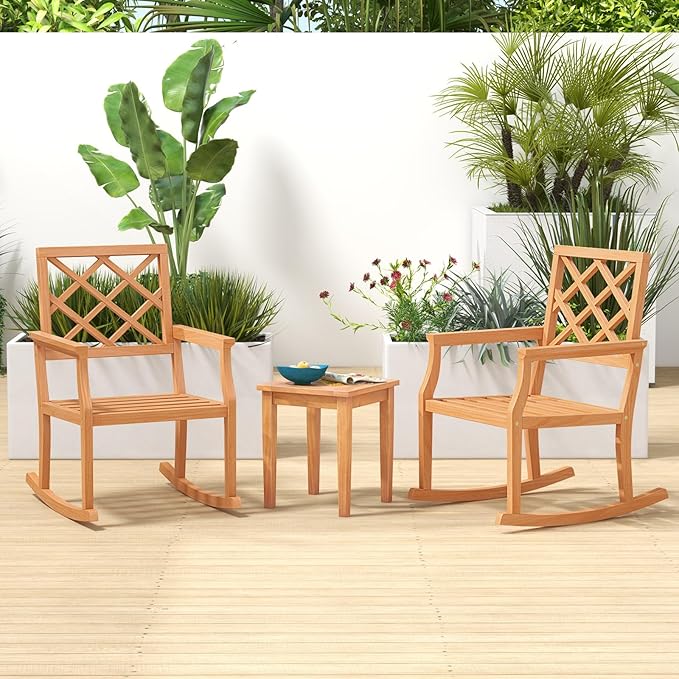 Tangkula Teak Wood Rocking Chair, Oversized Porch Rocker with Backrest and Slatted Seat, Outdoor Rocker Chair for Patio, Backyard and Lawn, 330 LBS Weight Capacity (1, 30 x 23 x 35 Inch)
