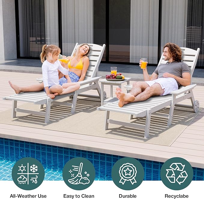 Pamapic 500 LBS Lounge Chair with Coffee Table Set of 2, Wide Armrest Oversized Chaise Lounge Chair with Wheel, 4 Positions Chaise Lounge with Cup Holder, Outdoor Lounge Chairs for Poolsdie, White