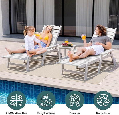 Pamapic 500 LBS Lounge Chair with Coffee Table Set of 2, Wide Armrest Oversized Chaise Lounge Chair with Wheel, 4 Positions Chaise Lounge with Cup Holder, Outdoor Lounge Chairs for Poolsdie, White