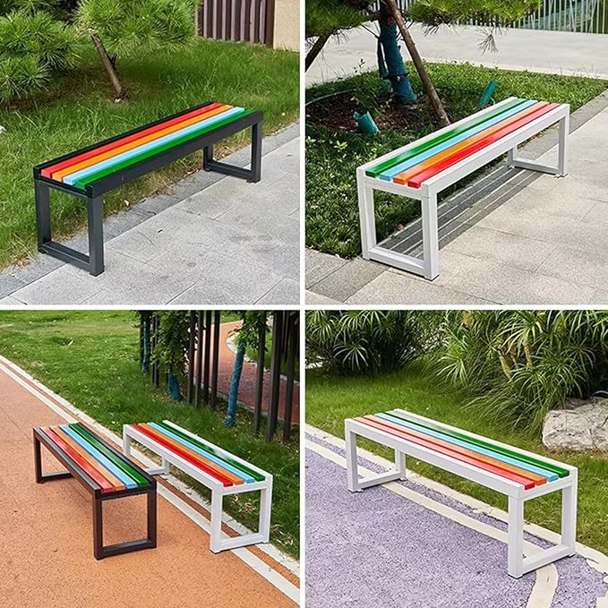 2-3 Person Outdoor Garden Benches, Backless Weatherproof Seat Benches, Metal Frame Patio Park Bench with Slatted Seat, 880 lbs Capacity(59 inch, Red Colorful)