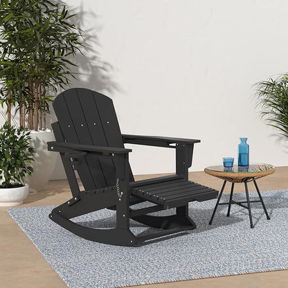 KINGYES Adirondack Rocking Chair with Retractable Ottoman and Cup Holders, HDPE Adirondack Rocker Patio Rocking Chair for Porch, Patio, Balcony, Black