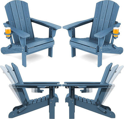 SERWALL Folding Adirondack Chair Set of 4, Adjustable Adirondack Chair with 3 Recline Positions, All Weather HDPE Outdoor Adirondack with Cup Holders, Blue
