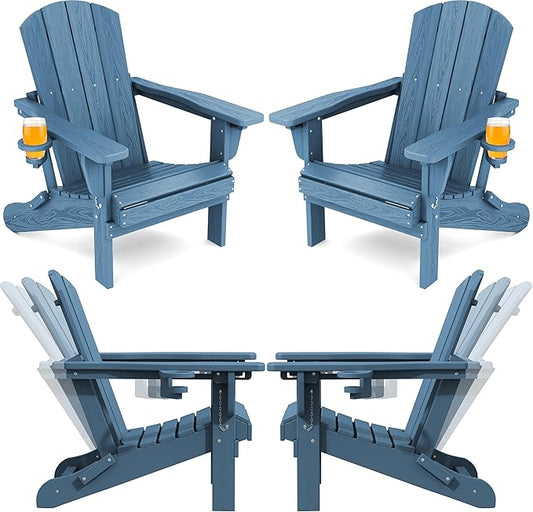 SERWALL Folding Adirondack Chair Set of 4, Adjustable Adirondack Chair with 3 Recline Positions, All Weather HDPE Outdoor Adirondack with Cup Holders, Blue