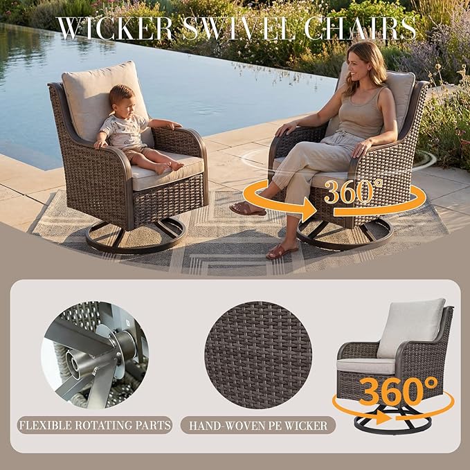 Loungewave Swivel PE Wicker Chair Set of 2, Outdoor High Back Swivel Patio Chairs, 360 Degree Outdoor Swivel Chair with Cushion, Patio Furniture for Porch Balcony Garden Poolside (Brown/Beige)
