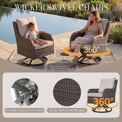 Loungewave Swivel PE Wicker Chair Set of 2, Outdoor High Back Swivel Patio Chairs, 360 Degree Outdoor Swivel Chair with Cushion, Patio Furniture for Porch Balcony Garden Poolside (Brown/Beige)