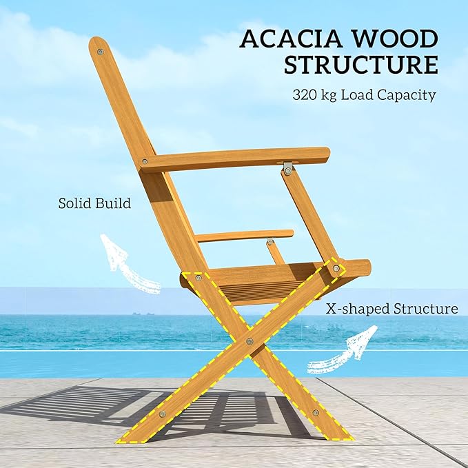 Outsunny Wood Outdoor Bench, 2-Person Foldable Patio Acacia Wood Garden Bench with Backrest and Armrests for Garden, Porch, Park, Balcony, Teak