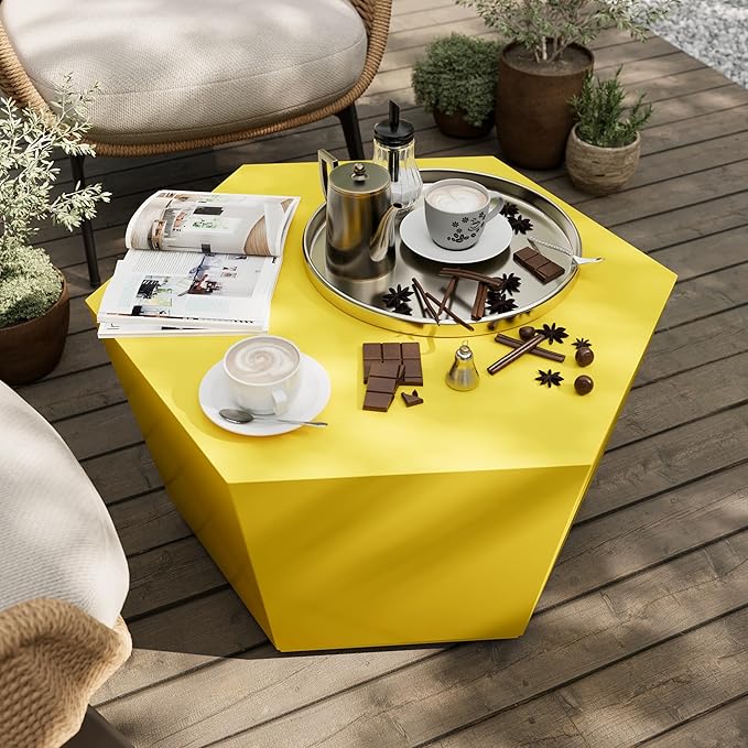 UPHA 28" Hexagon Outdoor Coffee Table, Modern Hollow Concrete Patio Table, Small Minimalist Low Accent Table for Living Room, Balcony, Deck, Backyard, Lemon Yellow