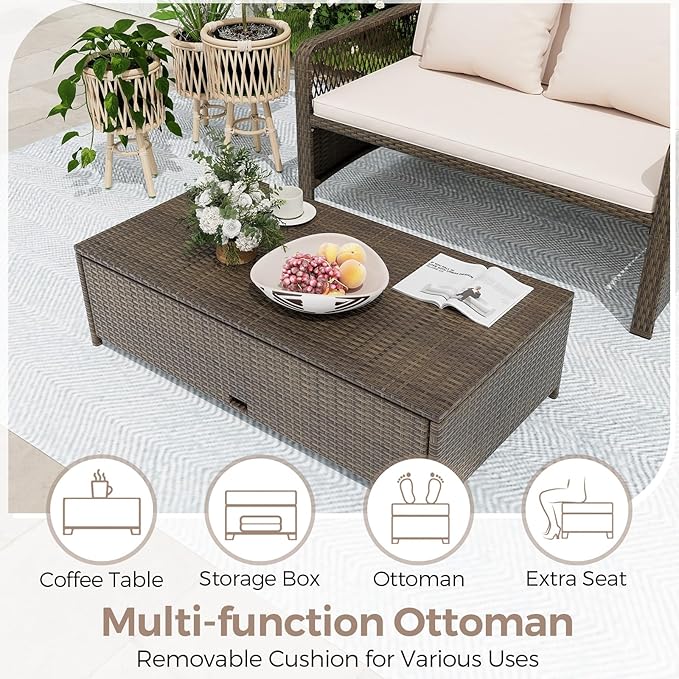 LDAILY Moccha Outdoor Daybed, PE Rattan Double Chaise Lounge w/ 4-Level Adjustable Back, Storage Ottoman, Cushions & Pillows, Separated Seating, Wicker Sunbed for Garden Patio Furniture Set (Beige)