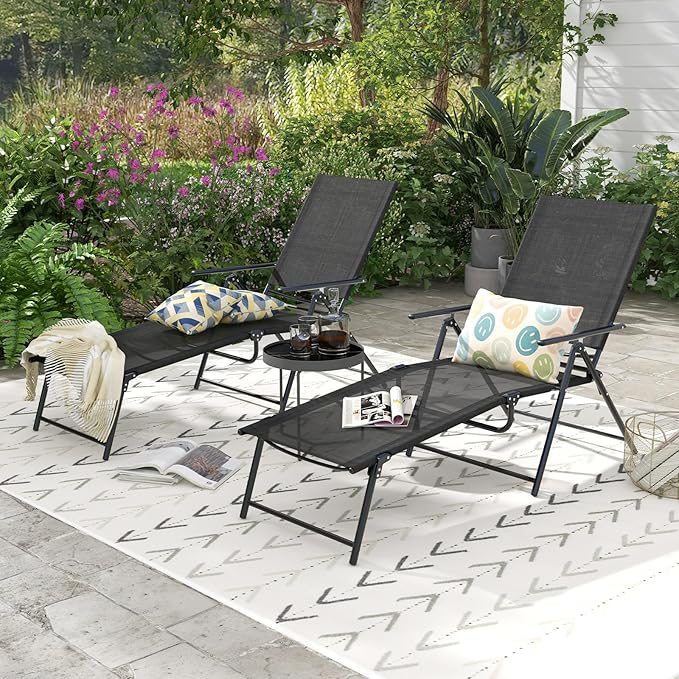 Giantex Lounge Chair Outdoor Set of 2 - Tanning Chair with 6 Adjustable Backrest, 2-Level Footrest - Photo 2