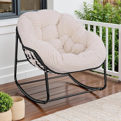 Indoor Rocking Chair, Oversized Outdoor Lounge Chair with Thick Corduroy Cushion & Straps, Wicker Modern Comfy Rocker Egg Chair for Living Room, Bedroom, Porch and Courtyard, Beige