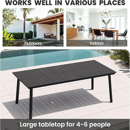 Crestlive Products Patio Dining Table for 6, 70 Inch Rectangular Outdoor Table with Wood-Like Tabletop Metal Frame Deck Table with 1.6" Umbrella Hole for Backyard, Balcony, Garden (Black)