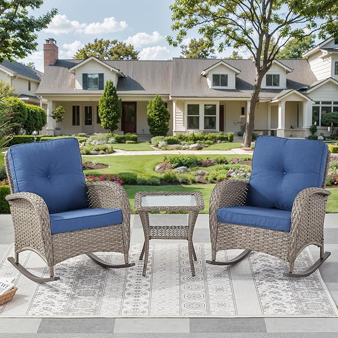 Outdoor Rocking Chairs Set of 2-Patio Table and Chairs Set Outdoor Conversation Furniture Sets for Deck Porch Garden Balcony Poolside-Grey/Blue