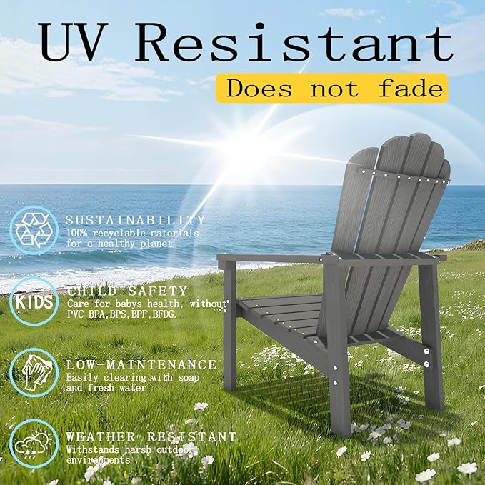 Stackable Adirondack Chair, HDPE All-Weather Adirondack Chairs - Durable and Space Saving, Plastic Outdoor Fire Pit Chairs with Cup Holder,Grey