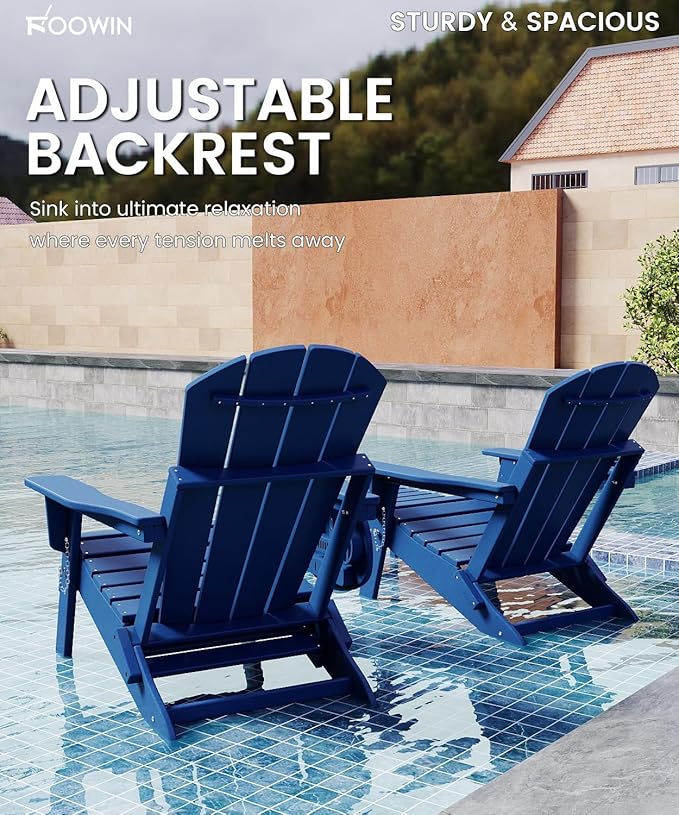 FOOWIN Folding Adjustable Adirondack Chair with Retractable Ottoman, HDPE Adirondack Chair w/4 in 1 Cup Holder Trays,All-Weather Resistant Fire Pit Chair for Outdoor Patio Lawn, Navy Blue
