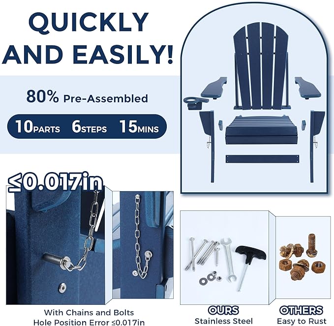 Magpie Fabrics Foldable Adirondack Chair with Cup Holder, HDPE Weather Resistant Oversize Outdoor Chair, Widely Used in Patio, Fire Pit, Deck, Porch, Garden, Campfire (Navy Blue)