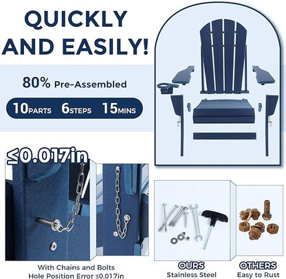 Magpie Fabrics Foldable Adirondack Chair with Cup Holder, HDPE Weather Resistant Oversize Outdoor Chair, Widely Used in Patio, Fire Pit, Deck, Porch, Garden, Campfire (Navy Blue)