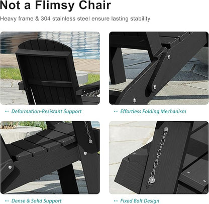 HDPE Foldable Adirondack Outdoor Chair Set of 2 with Cup Holder, Weather Resistant Heavy-Duty Patio Chair for Patio, Backyard, Deck, Fire Pit, Lawn and Porch, Black