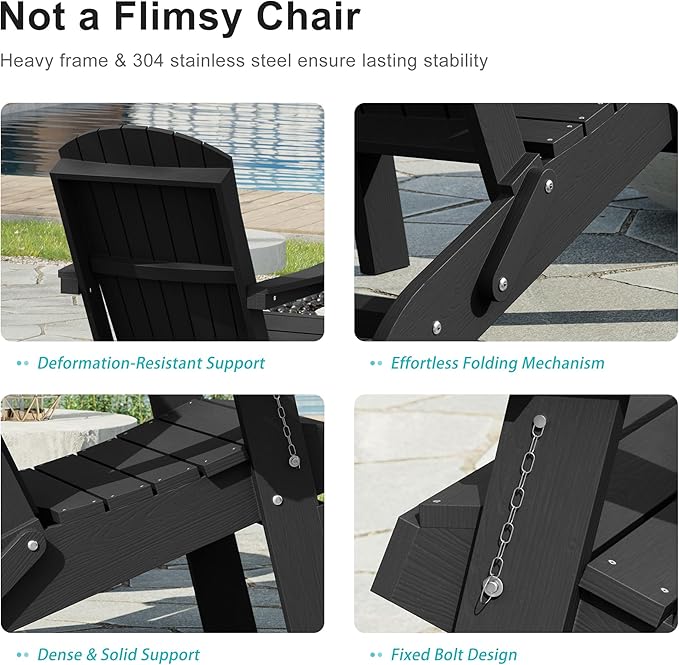 HDPE Foldable Adirondack Outdoor Chair with Cup Holder, Weather Resistant Heavy-Duty Patio Chair for Patio, Backyard, Deck, Fire Pit, Lawn and Porch, Black