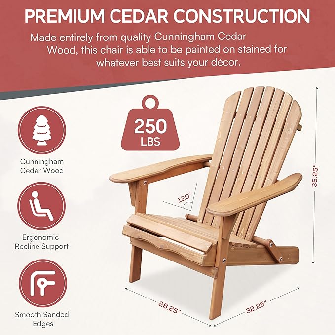 northbeam Wooden Folding Adirondack Chair Pre-Assembled Weather-Resistant Outdoor Chair for Patio, Lawn & Backyard, Wide Armrests, Back Rest & Seat Panel Assembled, Natural Cedar (Pre-Assembled)