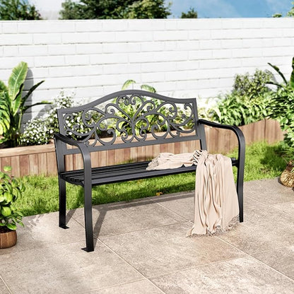 MFSTUDIO 43.7 Inches Outdoor Garden Bench, Cast Iron Metal Frame Patio Park Outside Benches with Floral Pattern Backrest for Front Porch, Black, Camelback