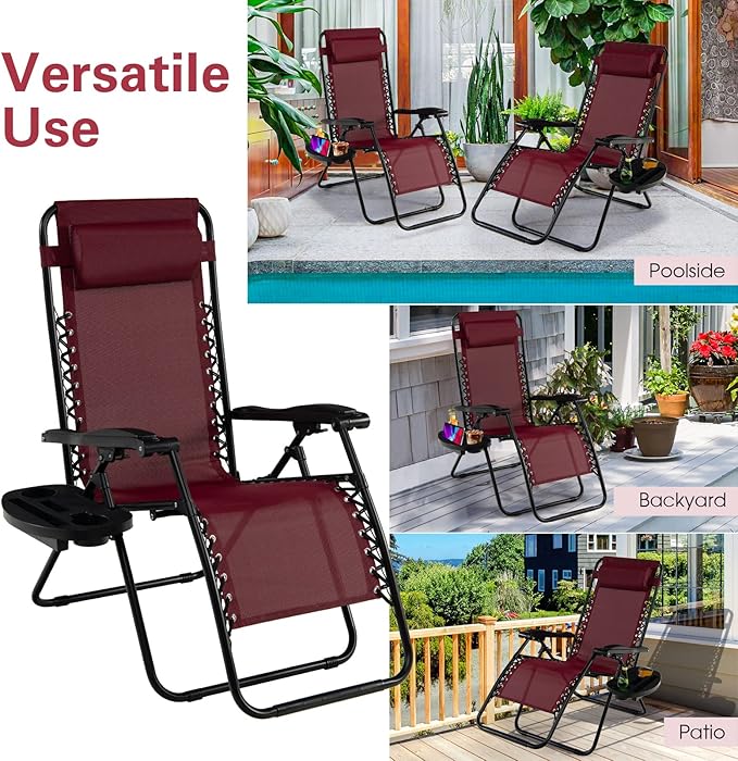 Goplus Zero Gravity Lounge Chairs, 160°Adjustable Folding Recliner w/Pillow and Cup Holder, 350LBS Comfy Outdoor Lounge Chairs for Patio, Lawn, Yard & Camp(Set of 2, Wine)