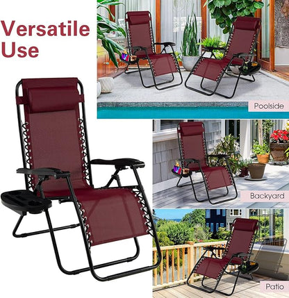 Goplus Zero Gravity Lounge Chairs, 160°Adjustable Folding Recliner w/Pillow and Cup Holder, 350LBS Comfy Outdoor Lounge Chairs for Patio, Lawn, Yard & Camp(Set of 2, Wine)