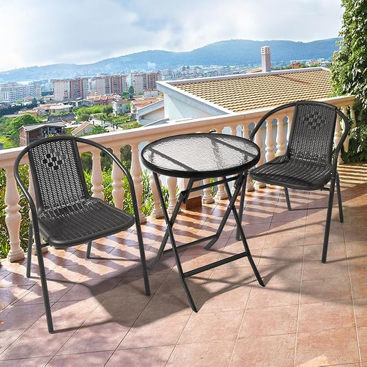 VINGLI PE Rattan Outdoor Dining Chairs Set of 2, Plastic Stackable Patio Chairs for Indoor, Porch, Restaurant, Garden, Black