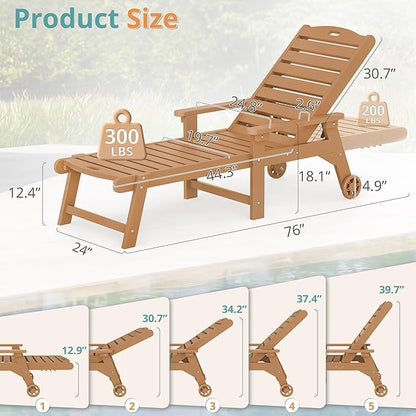 LUE BONA Outdoor Lounge Chair Set with Table, 3-Piece, HDPS Chaise Lounge Outdoor with Wheels, 5 Positions Adjustable Pool Lounger Chairs for Outside, Patio, Teak Color
