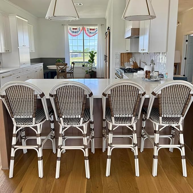 PURPLE LEAF French Counter Height Bar Stool Set of 4 White Print Finish Patio Bar Stools with Back Rattan Bar Chairs Wicker Bar Height Stool 25" with Footrest Outdoor Barstool Brown