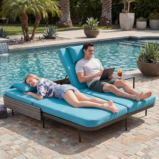 NICESOUL Double Chaise Lounge Outdoor, 51.2" Wide 2-Person Daybed with Independent Recline, Loveseat with 4" Thick Cushions, Heavy Duty All-Weather Wicker Sunbed for Patio Poolside Garden