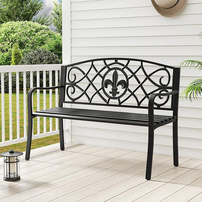 Tangkula Metal Outdoor Garden Park Bench, 50.5 Inch Metal Slatted Loveseat for 2-3 with Cast Iron Floral Backrest, Heavy-Duty Patio Seating Furniture for Backyard, Porch, Balcony