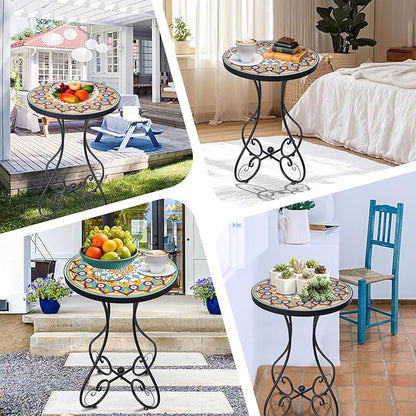 VCUTEKA Mosaic Outdoor Side Table, Round Rustproof Patio Table with 14" Ceramic Tile Top, Indoor Porch Accent Table for Yard, Garden, Living Room, Bistro Balcony