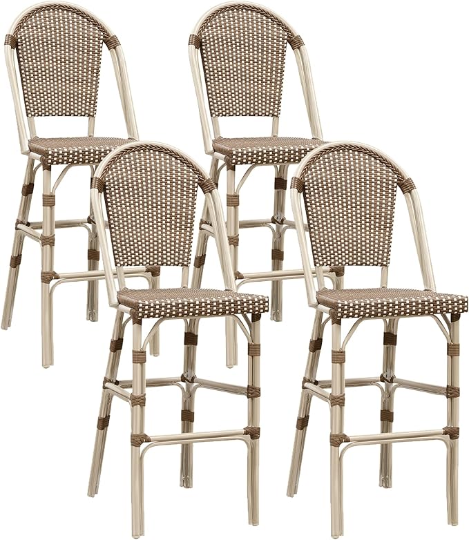 PURPLE LEAF French Bar Stool Set of 4 White Print Finish Patio Bar Stools with Back Rattan Bar Chairs Wicker Bar Height Stool 30" with Footrest Kitchen Island Stools Outdoor Barstool Brown