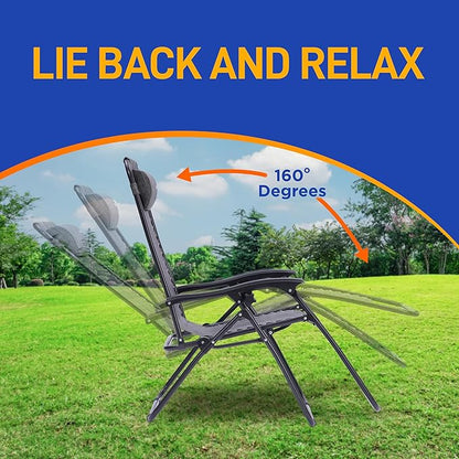 SereneLife Zero Gravity Lounge Chairs Set of 2, Adjustable Outdoor Recliner Chairs with Lockable Positions, Side Table Cup Holders, Padded Headrest Pillows, Foldable Steel Frame Patio Chairs (Gray)