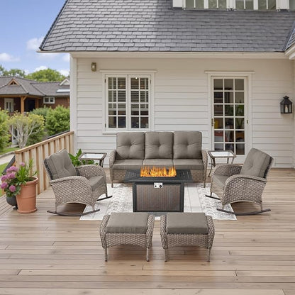 Belord Patio Furniture Set with Fire Pit Table - 8 Piece Outdoor Wicker Furniture Set with 43" 50000 BTU Propane Fire Pit and Rocking Chairs Patio Conversation Set for Patio Outside Backyard Grey