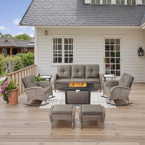 Belord Patio Furniture Set with Fire Pit Table - 8 Piece Outdoor Wicker Furniture Set with 43" 50000 BTU Propane Fire - Photo 1