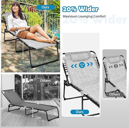 Tangkula Widen Folding Chaise Lounge Chair, Portable Camping Recline Chair w/4 Backrest Positions, 2 Leg Positions, Pillow, Sunbathing Beach Chair for Outdoor, Lawn, Patio, Support 400lbs (1, Grey)