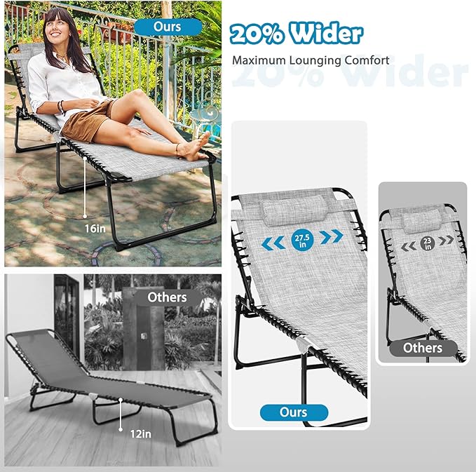 Tangkula Widen Folding Chaise Lounge Chair Set of 2, Portable Camping Recline Chair w/4 Backrest Positions, 2 Leg Positions, Sunbathing Beach Chair for Outdoor, Lawn, Patio, Support 400lbs (2, Grey)