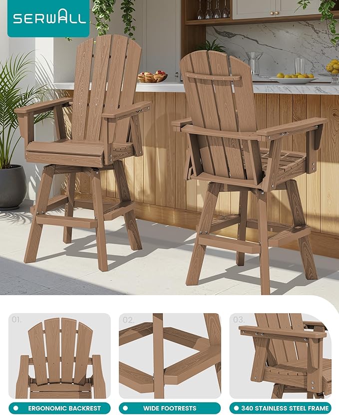 SERWALL 3-Piece Swivel Adirondack Bar Set, HDPE Swivel Bar Height Chairs Set of 2 with Bar Table - Photo 4