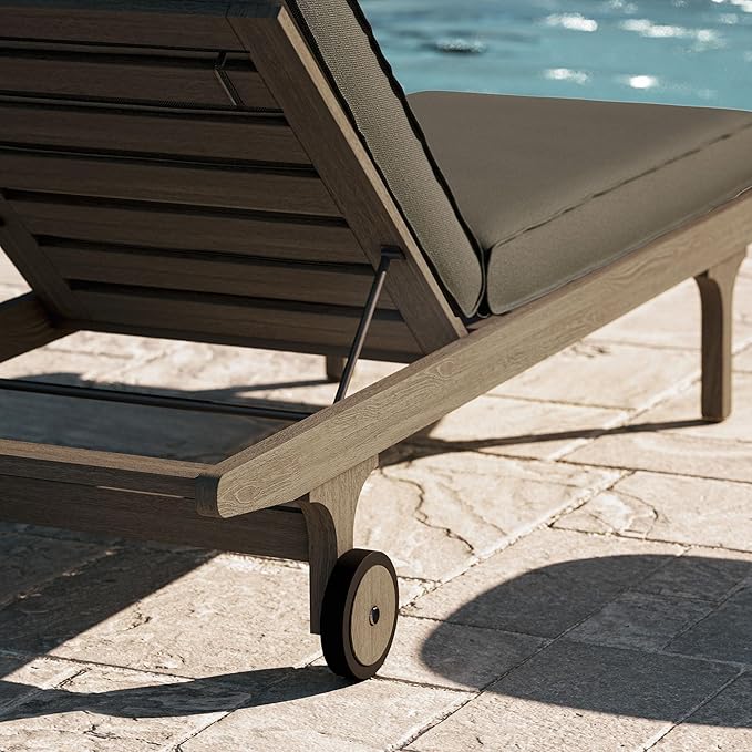 Modway Saratoga Teak Outdoor Chaise Lounge Chair in Flint Gray – Adjustable Wood Pool Lounge Chair with Wheels and Cushions