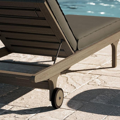 Modway Saratoga Teak Outdoor Chaise Lounge Chair in Flint Gray – Adjustable Wood Pool Lounge Chair with Wheels and Cushions