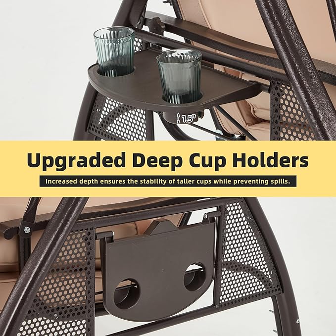 HOMREST 3 Seat Outdoor Porch Swing with 1.5" Deepened Cup Holder, Adjustable Canopy, Patio Swing Bed with Stand - Photo 5